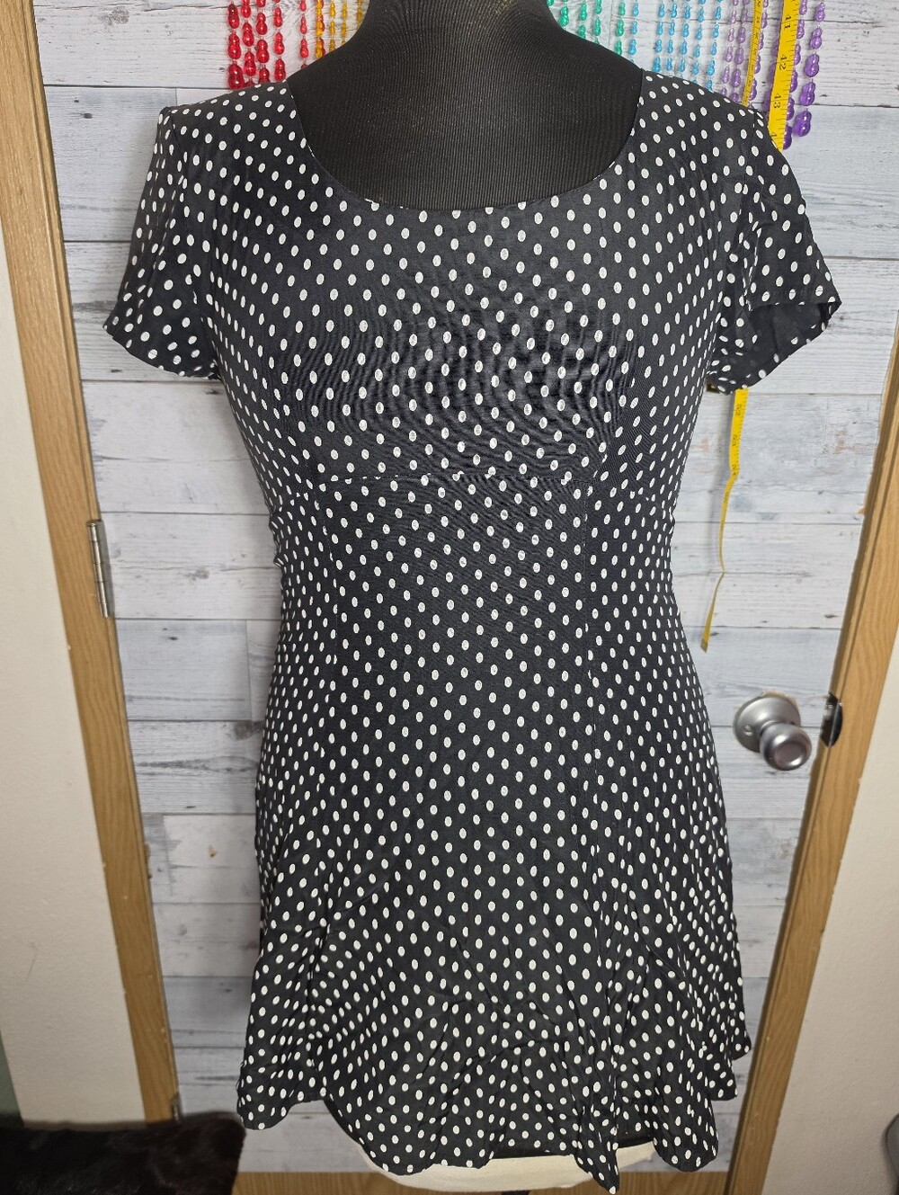 Vtg 90's Black and White Polka Dot Scoop Neck Mini Dress Mall Goth Grunge Indie